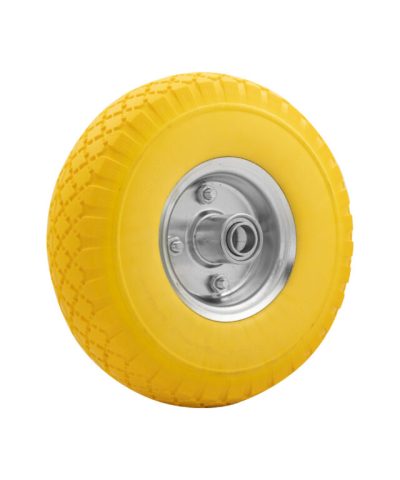 Steekwagenwiel 300x4 met gele foamband en metalen velg (asgat ⌀20mm)